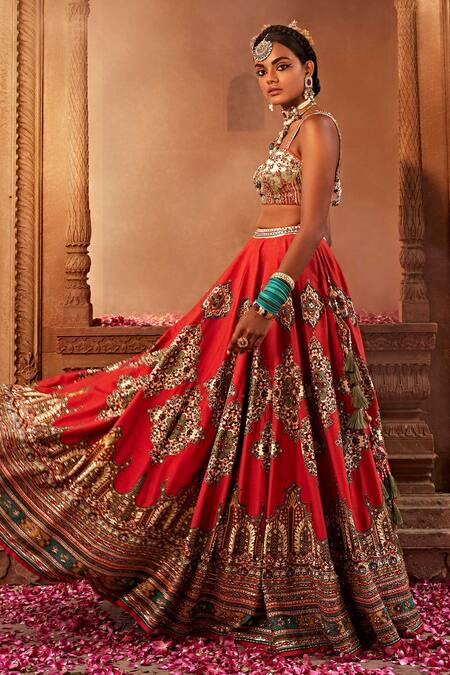Shop Kalista Red Leatherette, Tissue, Silk, Zaina Persian Flower Pattern Bridal Lehenga Set Online at Aza Fashions Shop_Kalista_Red Leatherette, Tissue, Silk, Zaina Persian Flower Pattern Bridal Lehenga Set _Online_at_Aza_Fashions