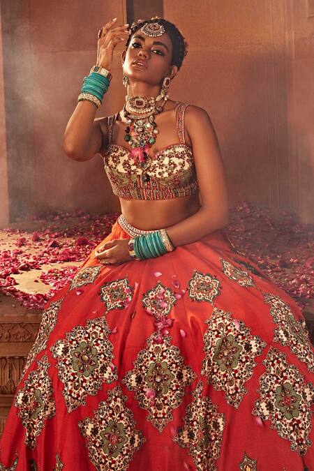 Kalista Red Leatherette, Tissue, Silk, Zaina Persian Flower Pattern Bridal Lehenga Set at Aza Fashions Kalista_Red Leatherette, Tissue, Silk, Zaina Persian Flower Pattern Bridal Lehenga Set _at_Aza_Fashions