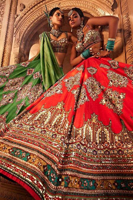 Buy Kalista Red Leatherette, Tissue, Silk, Zaina Persian Flower Pattern Bridal Lehenga Set Buy_Kalista_Red Leatherette, Tissue, Silk, Zaina Persian Flower Pattern Bridal Lehenga Set