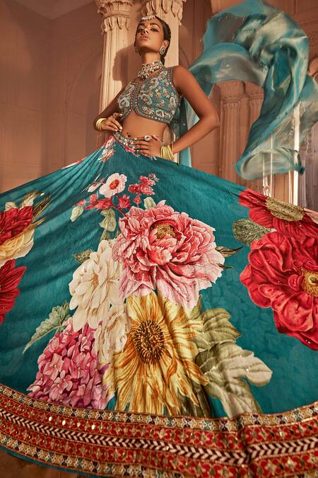 Kalista Blue Leatherette, Georgette, Silk Gulshaad Flower Pattern Bridal Lehenga Set Online at Aza Fashions Kalista_Blue Leatherette, Georgette, Silk Gulshaad Flower Pattern Bridal Lehenga Set _Online_at_Aza_Fashions