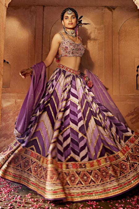 Kalista_Purple Silk, Georgette Embroidery Leher Geometric Print Bridal Lehenga Set _Online_at_Aza_Fashions