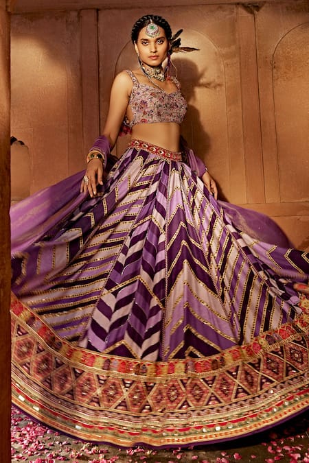 Buy_Kalista_Purple Silk, Georgette Embroidery Leher Geometric Print Bridal Lehenga Set _Online_at_Aza_Fashions