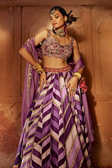 Shop_Kalista_Purple Silk, Georgette Embroidery Leher Geometric Print Bridal Lehenga Set _Online_at_Aza_Fashions