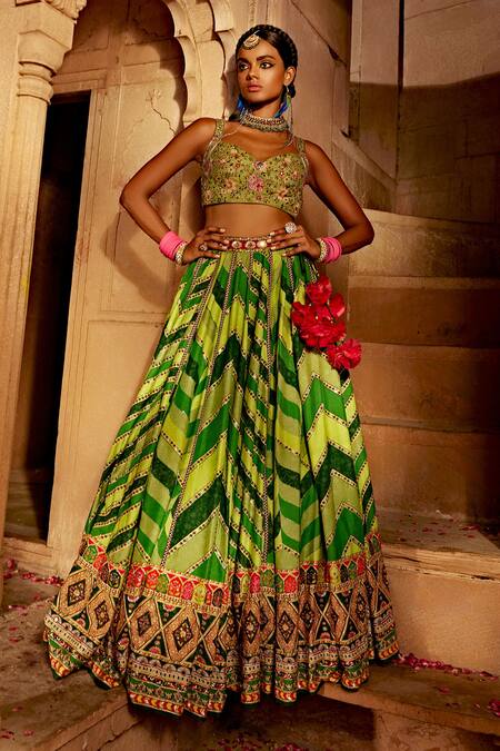 Kalista Green Georgette, Silk Leher Geometric Chevron Print Bridal Lehenga Set Online at Aza Fashions Kalista_Green Georgette, Silk Leher Geometric Chevron Print Bridal Lehenga Set _Online_at_Aza_Fashions