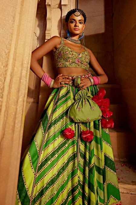 Shop Kalista Green Georgette, Silk Leher Geometric Chevron Print Bridal Lehenga Set Online at Aza Fashions Shop_Kalista_Green Georgette, Silk Leher Geometric Chevron Print Bridal Lehenga Set _Online_at_Aza_Fashions