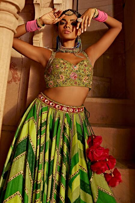 Alluring Indian Designer Red Lehenga Paired With Green Blouse & Orange