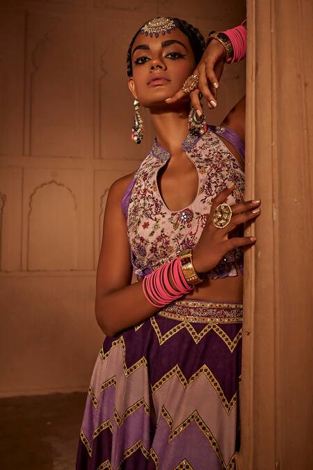 Kalista Purple Silk Tassels Mandarin Collar Leher Chevron Print Sharara And Blouse Set Online at Aza Fashions Kalista_Purple Silk Tassels Mandarin Collar Leher Chevron Print Sharara And Blouse Set _Online_at_Aza_Fashions