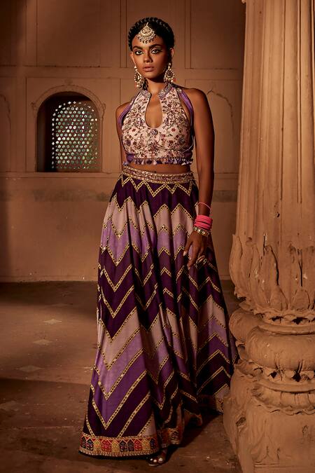 Buy Kalista Purple Silk Tassels Mandarin Collar Leher Chevron Print Sharara And Blouse Set Online at Aza Fashions Buy_Kalista_Purple Silk Tassels Mandarin Collar Leher Chevron Print Sharara And Blouse Set _Online_at_Aza_Fashions
