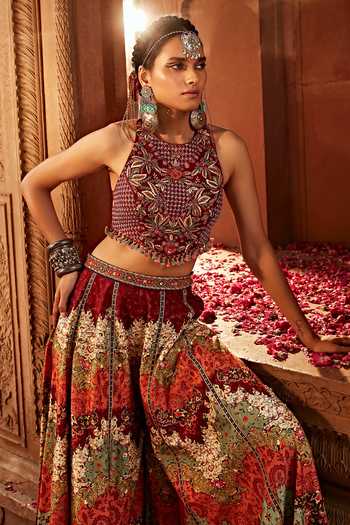 Buy_Kalista_Multi Color Silk Tassels, Embroidery Mehvish Floral Pattern Sharara And Blouse Set _Online_at_Aza_Fashions
