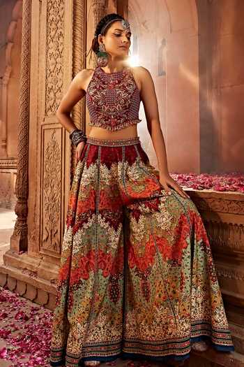 Kalista_Multi Color Silk Tassels, Embroidery Mehvish Floral Pattern Sharara And Blouse Set _at_Aza_Fashions