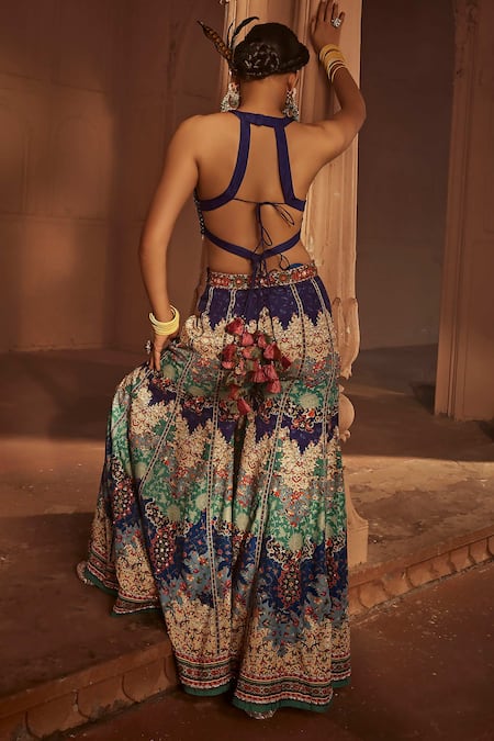 Shop Kalista Multi Color Silk Tassels Round Neck Mehvish Flower Pattern Sharara And Blouse Set at Aza Fashions Shop_Kalista_Multi Color Silk Tassels Round Neck Mehvish Flower Pattern Sharara And Blouse Set _at_Aza_Fashions