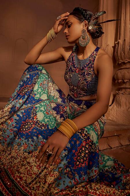 Buy Kalista Multi Color Silk Tassels Round Neck Mehvish Flower Pattern Sharara And Blouse Set Online at Aza Fashions Buy_Kalista_Multi Color Silk Tassels Round Neck Mehvish Flower Pattern Sharara And Blouse Set _Online_at_Aza_Fashions