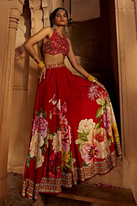 Kalista Red Raw Silk Floral Round Gulshad Pattern Sharara And Blouse Set