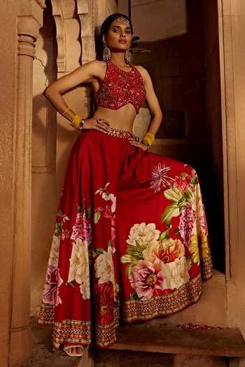 Kalista_Red Silk Tassels, Embroidery Round Gulshad Floral Pattern Sharara And Blouse Set _Online_at_Aza_Fashions