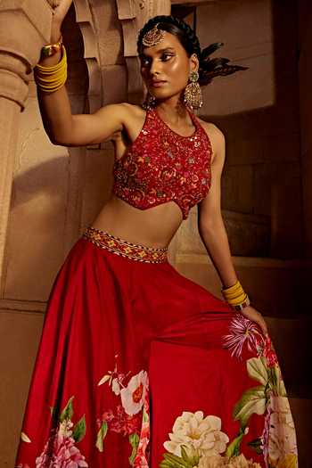 Shop_Kalista_Red Silk Tassels, Embroidery Round Gulshad Floral Pattern Sharara And Blouse Set _Online_at_Aza_Fashions