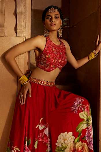 Kalista_Red Silk Tassels, Embroidery Round Gulshad Floral Pattern Sharara And Blouse Set _at_Aza_Fashions