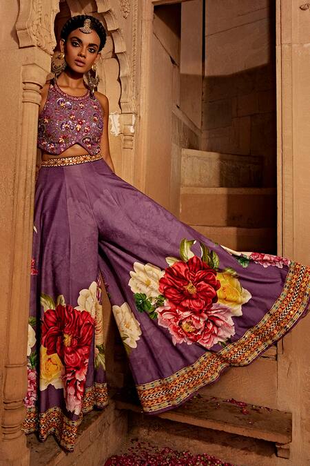 Buy Kalista Purple Silk Embroidery, Tassels Gulshad Flower Pattern Sharara And Blouse Set Online at Aza Fashions Buy_Kalista_Purple Silk Embroidery, Tassels Gulshad Flower Pattern Sharara And Blouse Set _Online_at_Aza_Fashions