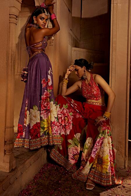 Shop Kalista Purple Silk Embroidery, Tassels Gulshad Flower Pattern Sharara And Blouse Set Online at Aza Fashions Shop_Kalista_Purple Silk Embroidery, Tassels Gulshad Flower Pattern Sharara And Blouse Set _Online_at_Aza_Fashions