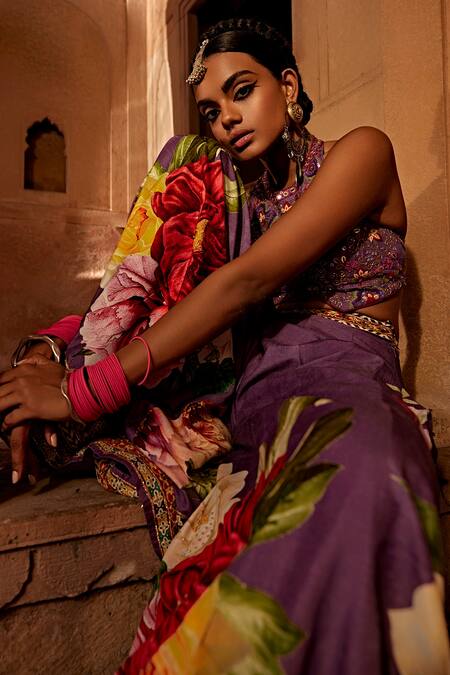 Kalista Purple Silk Embroidery, Tassels Gulshad Flower Pattern Sharara And Blouse Set at Aza Fashions Kalista_Purple Silk Embroidery, Tassels Gulshad Flower Pattern Sharara And Blouse Set _at_Aza_Fashions