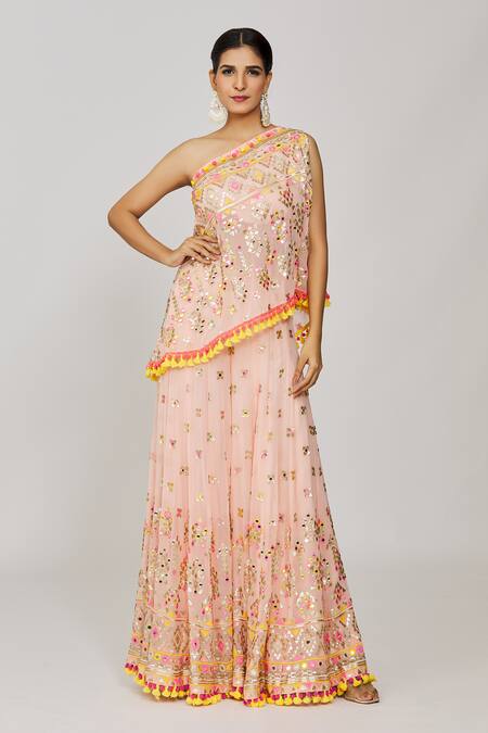 Shop_Gopi Vaid_Pink Georgette Sequins, Kaveer Embroidered One Shoulder Top And Flared Pant Set 