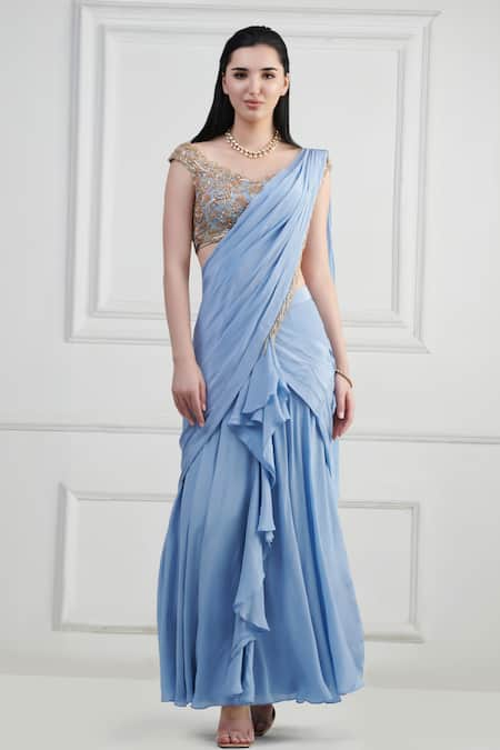 Nishta Studio Pre-Draped Saree With Zardozi Embroidered Blouse 