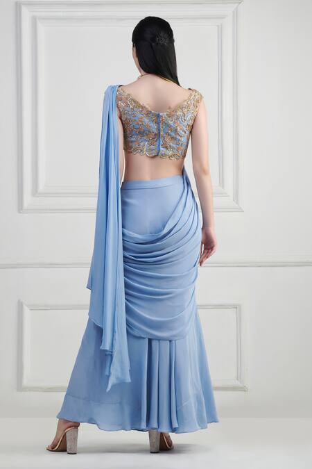 Shop Nishta Studio Blue Saree Crepe Embroidery Zardozi Scallop Pre-draped With Blouse at Aza Fashions Shop_Nishta Studio_Blue Saree Crepe Embroidery Zardozi Scallop Pre-draped With Blouse _at_Aza_Fashions