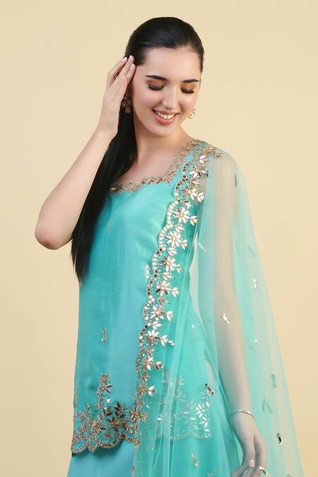 Nishta Studio_Blue Silk, Organza, Crepe Embroidery, Sequins, Zari, Border Kurta Lehenga Set_Online_at_Aza_Fashions
