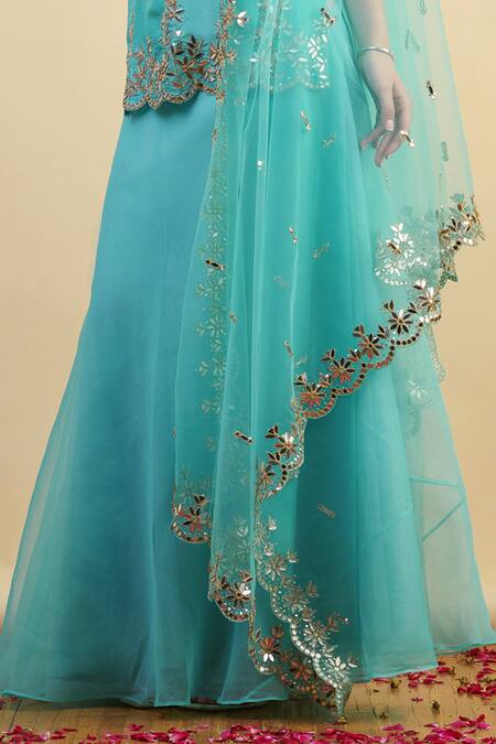 Buy_Nishta Studio_Blue Silk, Organza, Crepe Embroidery, Sequins, Zari, Border Kurta Lehenga Set_Online_at_Aza_Fashions