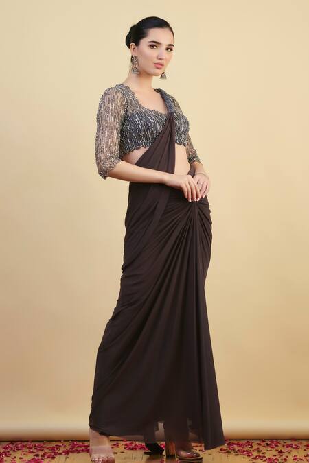 Nishta Studio_Brown Net, Crepe Cut Work, Pre-draped Saree With Stripe Embroidered Blouse_Online_at_Aza_Fashions