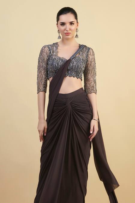 Buy_Nishta Studio_Brown Net, Crepe Cut Work, Pre-draped Saree With Stripe Embroidered Blouse_Online_at_Aza_Fashions