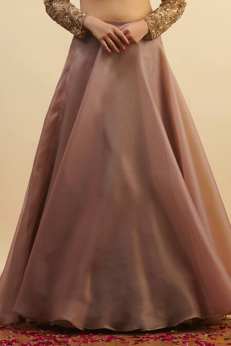 Buy_Nishta Studio_Gold Net, Organza Sequins, Cut Work Round Neck Embroidered Blouse And Lehenga Set_Online_at_Aza_Fashions