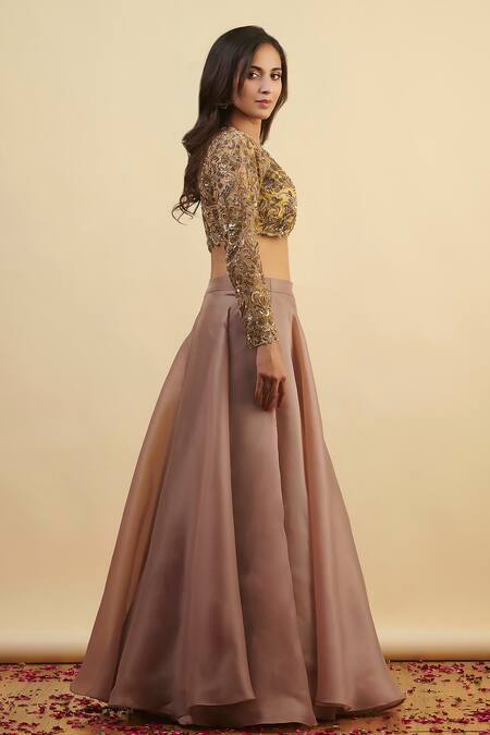 Shop_Nishta Studio_Gold Net, Organza Sequins, Cut Work Round Neck Embroidered Blouse And Lehenga Set_Online_at_Aza_Fashions