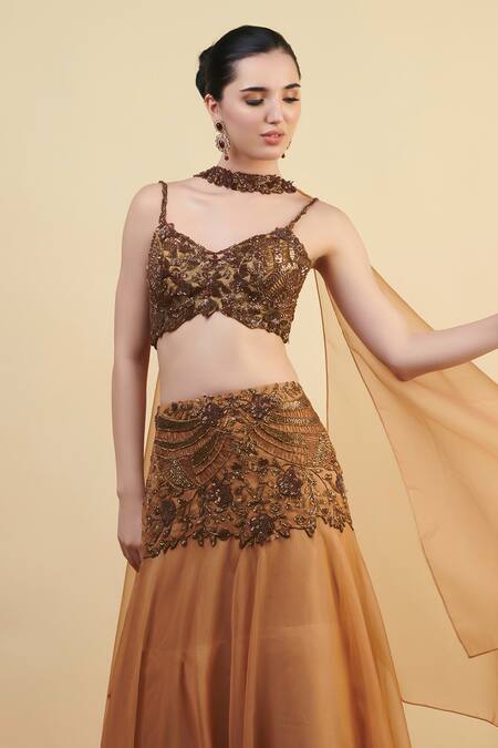 Nishta Studio_Gold Organza, Net, Crepe Cut Work, Embroidery, Floral Placement Lehenga Set_Online_at_Aza_Fashions