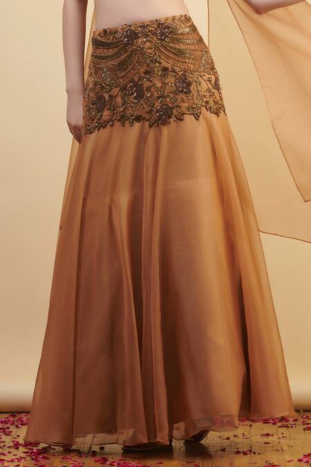 Buy_Nishta Studio_Gold Organza, Net, Crepe Cut Work, Embroidery, Floral Placement Lehenga Set_Online_at_Aza_Fashions