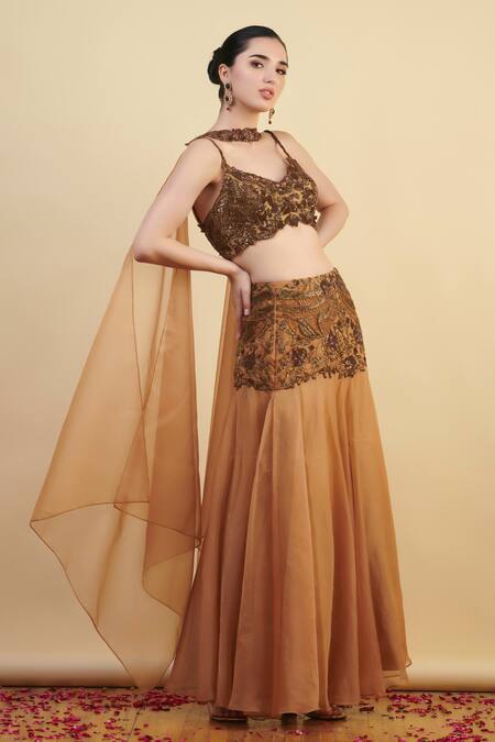 Shop_Nishta Studio_Gold Organza, Net, Crepe Cut Work, Embroidery, Floral Placement Lehenga Set_Online_at_Aza_Fashions