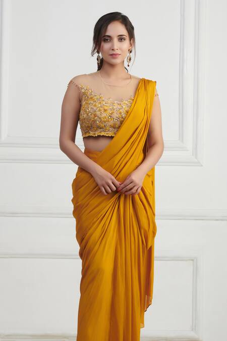 Nishta Studio_Yellow Chiffon, Silk, Net Zari, Pre-draped Saree With Embroidered Blouse_Online_at_Aza_Fashions