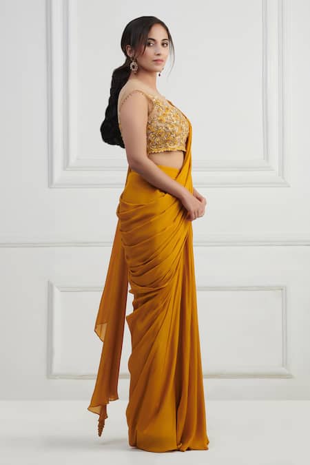 Buy_Nishta Studio_Yellow Chiffon, Silk, Net Zari, Pre-draped Saree With Embroidered Blouse_Online_at_Aza_Fashions