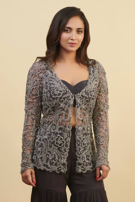 Nishta Studio_Grey Silk, Viscose, Net Zari, Embroidery Sweetheart Neck, Jacket Gharara Set_Online_at_Aza_Fashions