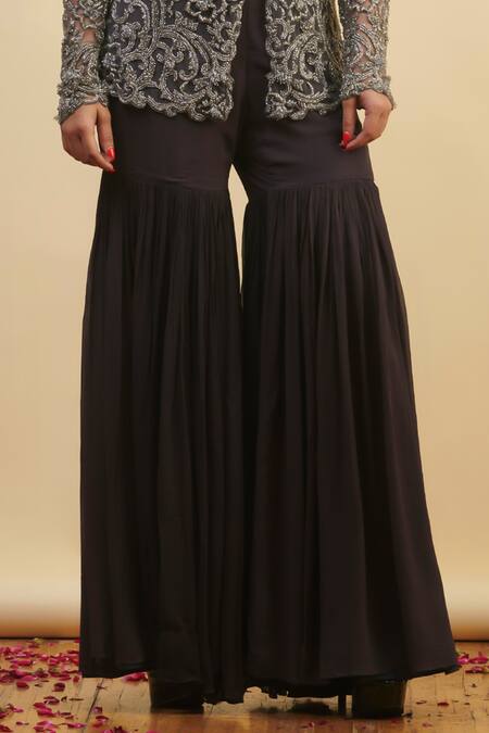 Buy_Nishta Studio_Grey Silk, Viscose, Net Zari, Embroidery Sweetheart Neck, Jacket Gharara Set_Online_at_Aza_Fashions