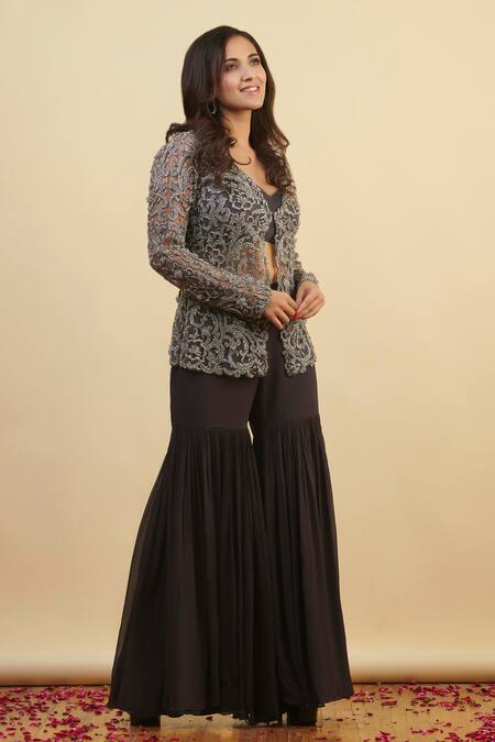 Shop_Nishta Studio_Grey Silk, Viscose, Net Zari, Embroidery Sweetheart Neck, Jacket Gharara Set_Online_at_Aza_Fashions