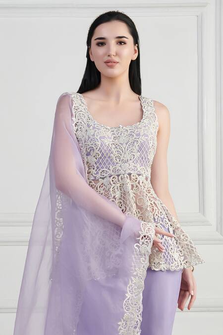 Nishta Studio_Purple Net, Crepe, Organza Pearls, Sequins, Beads, Floral Peplum Kurta Pant Set_Online_at_Aza_Fashions