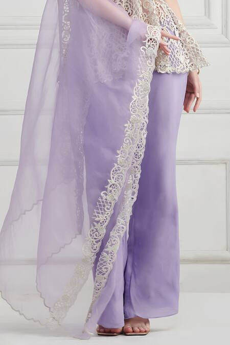 Buy_Nishta Studio_Purple Net, Crepe, Organza Pearls, Sequins, Beads, Floral Peplum Kurta Pant Set_Online_at_Aza_Fashions