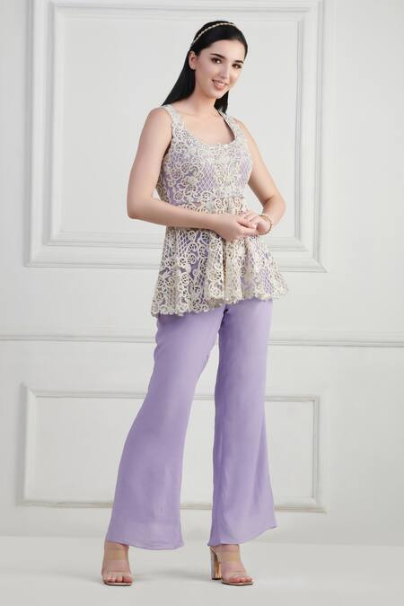 Shop_Nishta Studio_Purple Net, Crepe, Organza Pearls, Sequins, Beads, Floral Peplum Kurta Pant Set_Online_at_Aza_Fashions