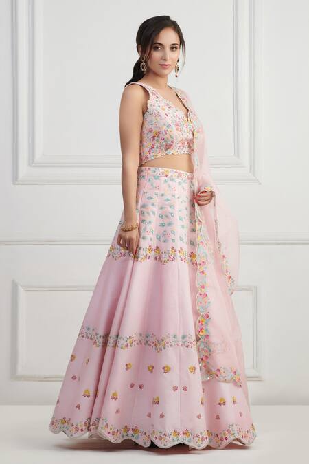 Nishta Studio_Pink Silk, Organza Sequins, Embroidery, Cut Work V-neck Thread Lehenga Set_Online_at_Aza_Fashions