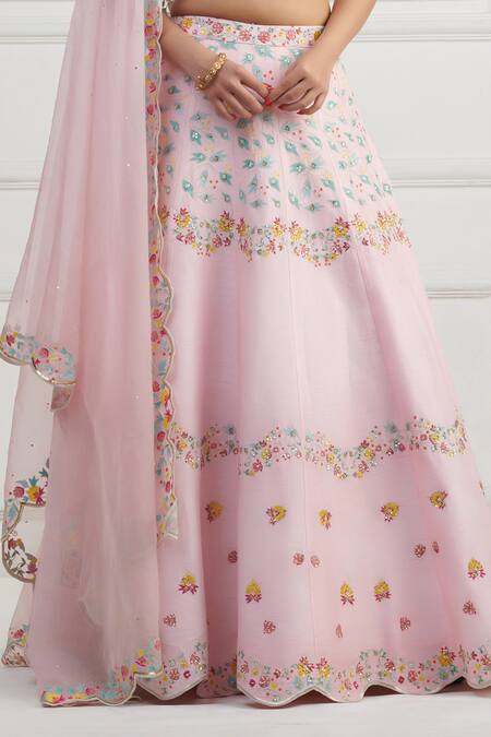 Shop_Nishta Studio_Pink Silk, Organza Sequins, Embroidery, Cut Work V-neck Thread Lehenga Set_Online_at_Aza_Fashions