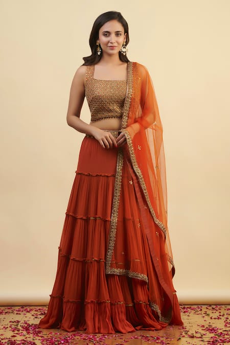 Nishta Studio Orange Lehenga Georgette Embroidery Pearl Waistband Tiered Set  