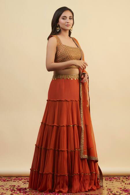Nishta Studio_Orange Net, Silk, Georgette Pearls, Beads, Embroidery Square Tiered Lehenga Set_Online_at_Aza_Fashions