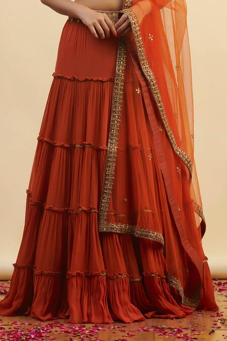 Shop_Nishta Studio_Orange Net, Silk, Georgette Pearls, Beads, Embroidery Square Tiered Lehenga Set_Online_at_Aza_Fashions