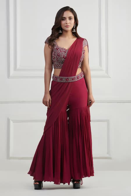Red Silk Cotton Pant Saree Set With Belt Design by Rishi & Soujit at  Pernia's Pop Up Shop 2024