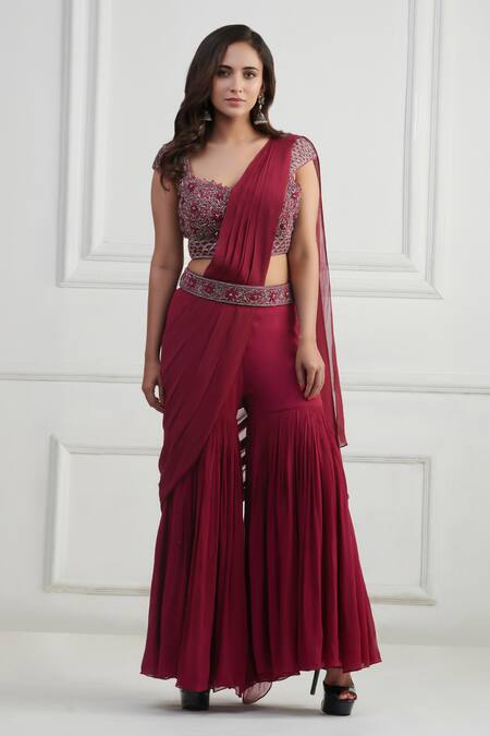 Nishta Studio_Purple Georgette, Silk, Net Cut Work, Embroidery, Beads Pant Saree With Blouse_Online_at_Aza_Fashions